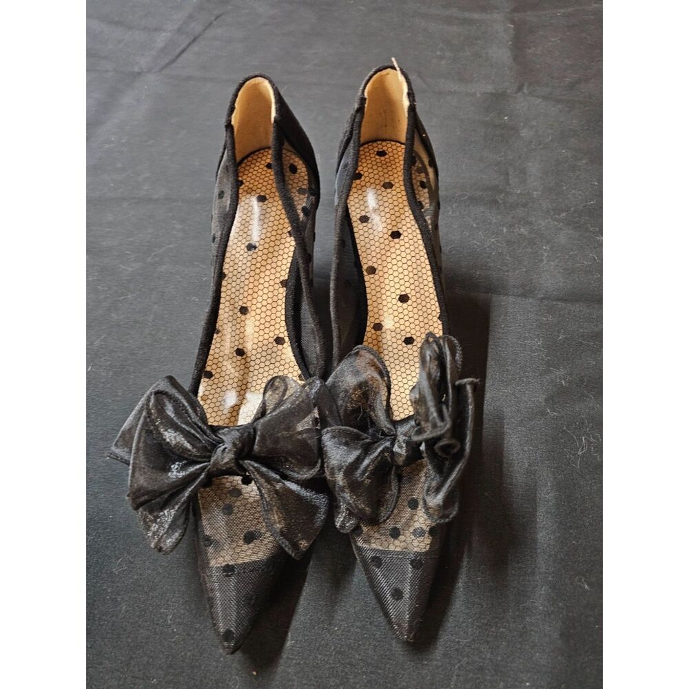 Black Mesh Polka Dot Bow Pointed Toe Kitten Heel Pumps